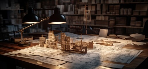 an architectural model and blueprints on a table with papers