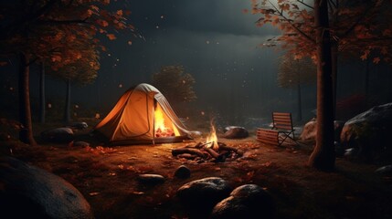 a tent and tents are set up at an outdoor campsite around the campfire