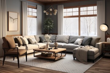 Obraz premium Cozy living room featuring a sectional sofa, coffee table, and accent chairs with a contemporary touch