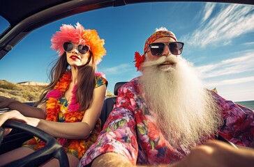 couple driving car with funny long beards over glasses and hula hulas man senior