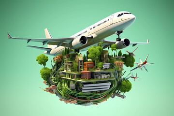 Air passenger plane flies over abstract earth with houses. concept of tourism and travel