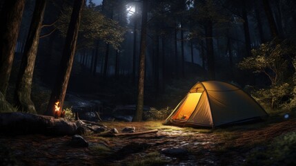 camping, solitary tent in the forest at nightstock