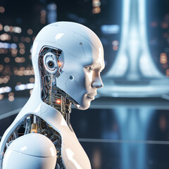 Side view portrait of futuristic robot over blurred city background. Generative AI