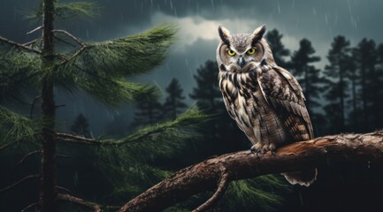 an owl sits on the branch of some pines - Powered by Adobe