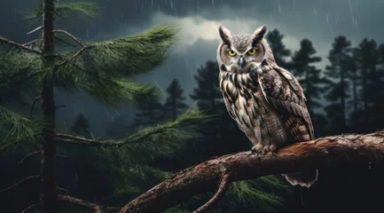 Poster an owl sits on the branch of some pines © olegganko