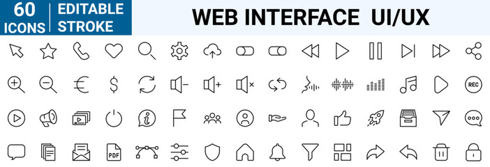 Interface ui, ux web icons in line style. User, profile, message, mobile app, document file, social media, button, home, chat, arrow, collection. Vector illustration.
