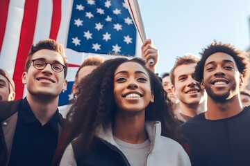 Young diverse people with American flag talking political rally