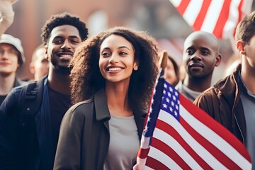 Young diverse people with American flag talking political rally - obrazy, fototapety, plakaty