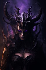 demon queen with purple burning eyes, horns, dark wings and in black dress with hood