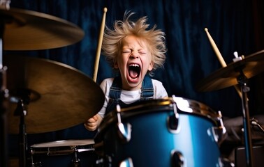 Fototapeta premium a little boy cries while playing the drums