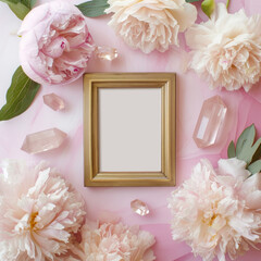 Flatlay still life with pink flowers and a blank gold poster frame