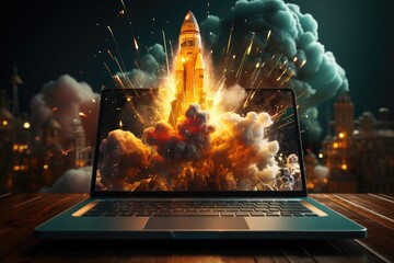 A fiery explosion of fireworks engulfs a laptop screen, capturing a screenshot of chaos and destruction