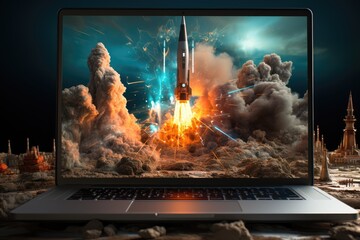 A futuristic journey begins as a laptop screen captures the moment a rocket blasts off into the unknown, symbolizing the power of technology and the endless possibilities it holds