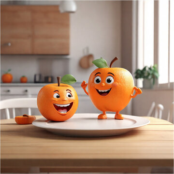 orange character chatting with apple character while laughing on white plate on wooden dining table in bright kitchen 3d hyper realistic