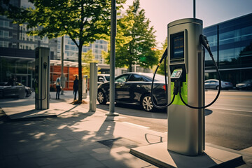 Fototapeta na wymiar Electric car charging technology in city. Generative AI