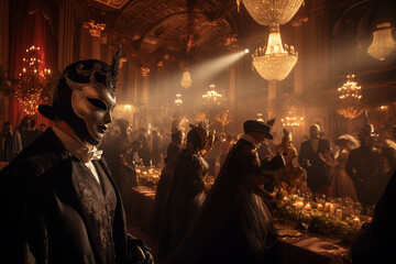 Halloween masquerade ball in beautiful grand ballroom. Generative AI - obrazy, fototapety, plakaty