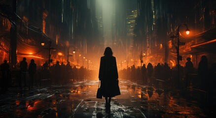 In the dark and wet city streets, a lone woman braves the elements, her silhouette a stark contrast against the illuminated buildings and empty sidewalks