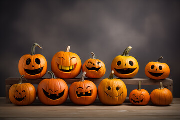 Naklejka premium Halloween pumpkins with funny smiling and laughing face. Generative AI