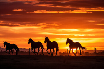 Fototapeta na wymiar Silhouettes of graceful horses in field at dawn. Generative AI