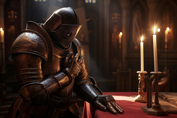 Armored medieval knight looking at candles while praying in church. Generative AI