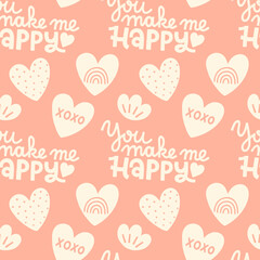 Valentine's Day Romantic Seamless Pattern with playful and whimsical illustrations of heart, love, you make me happy lettering, xoxo, rainbow heart elements on pink background