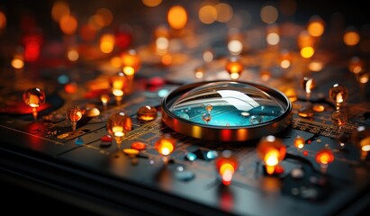 Amidst the dimly lit indoor space, a magnifying glass reveals the intricate circuitry of a candle-powered light, inviting curiosity and appreciation for the beauty of technology