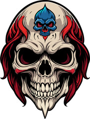 illustration of a red-haired skull with another blue skull on its forehead.