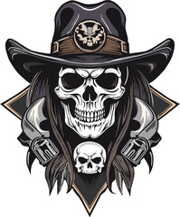 cowboy skull with hat, a smaller skulls and two side guns.