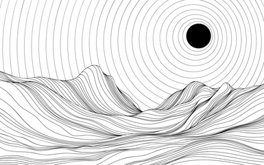 Abstract background with wavy lines and circles. Black and white illustration of mountains. Landscape with sun rays.