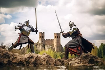 Tuinposter Two knights fighting to death at battlefield. Generative AI © Nomad_Soul