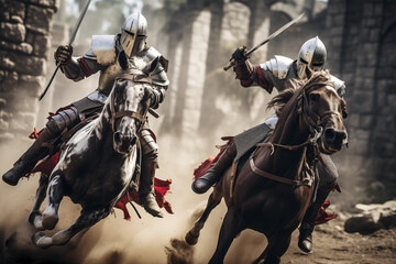 Two medieval knights wearing iron armor riding horses. Generative AI - obrazy, fototapety, plakaty