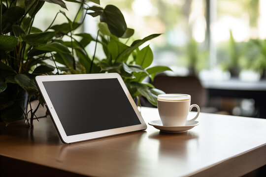 Tablet Digital Con Pantalla Para Personalizar Y Usar Como Mockup, Con Una Taza De Café Sobre Un Escritorio. Creado Con IA