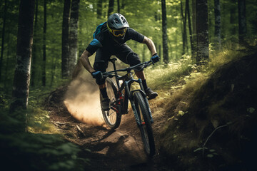 Naklejka premium Enduro racer riding motocross race in dark forest. Generative AI
