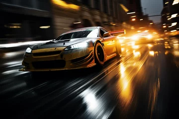 Foto op Canvas Motion blurred night street racetrack with fast driving sport car. Generative AI © Nomad_Soul