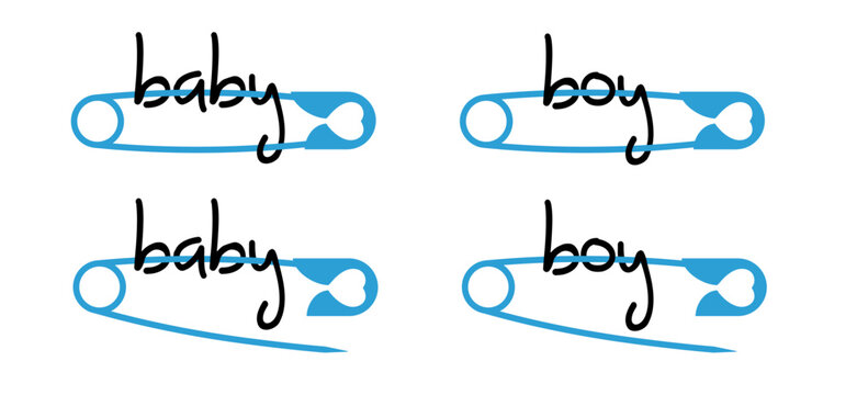 New Born. Cartoon boy, blue, baby pin. Love heart safety pin. Opened and closed pins. pierced and clipping path sign. Vector safetypin icon. Open and close safety pins. Pregnant or coming soon. 