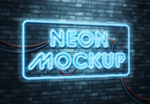 Neon Text Effect Mockup on Brick Wall