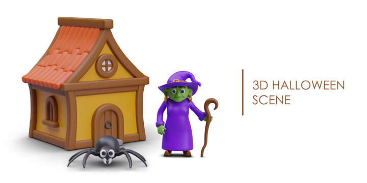 Realistic wooden house with red roof. Poster with old witch with green face and purple costume standing near spider and house. Halloween scene. Vector illustration in 3d style