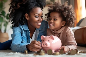 financial education. african american family, mother and child daughter with pig piggy bank counting savings at home  - obrazy, fototapety, plakaty