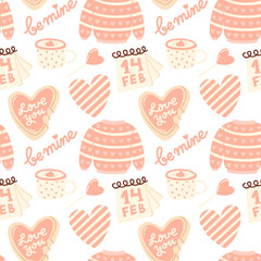 Valentine's Day Romantic Seamless Pattern with playful and whimsical illustrations of heart, sweater, tea cup, be mine lettering, love you cookie, calendar elements on white background