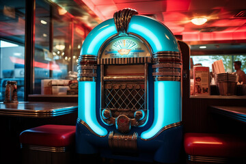 Vintage juke box music box for choosing song composition in retro cafe. Generative AI
