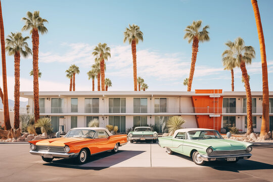 Retro motel exterior with parked vintage cars. Generative AI