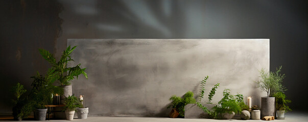 Concrete backdrop with plants and natural light, moody background with foliage and plants around