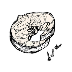 Fish sturgeon sterlet steak sketch isolated on white background. Drawing of freshwater fish steak with spices. Dish for fish restaurant, menu design.