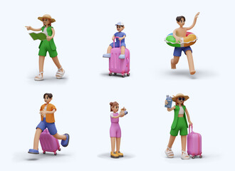 3D characters in different actions. Men, women, children tourists. Vector vacationers in cartoon style. Templates for scenes, dialogues, advertising compositions, web design