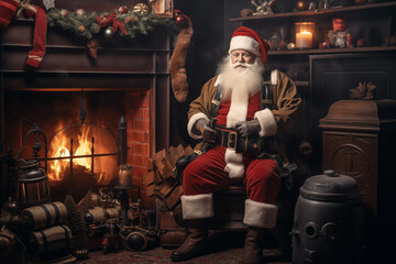 Retro Santa Claus sitting at cozy home by the fireplace. Generative AI