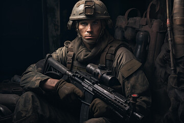 Fototapeta premium Portrait of armored military man soldier in trench. Generative AI