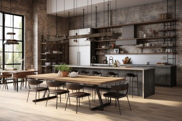 Contemporary kitchen with open shelving, industrial accents, and a communal dining area