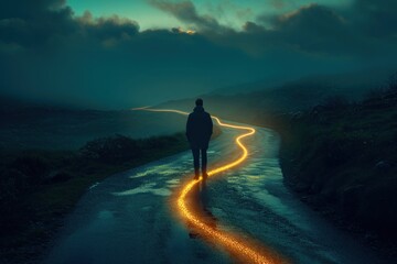 A man walking on the road in the mountains at sunset.  - obrazy, fototapety, plakaty