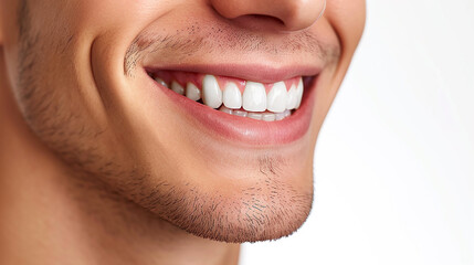 Fototapeta premium Young man with beautiful smile on white background. Teeth whitening, dentist advertisement