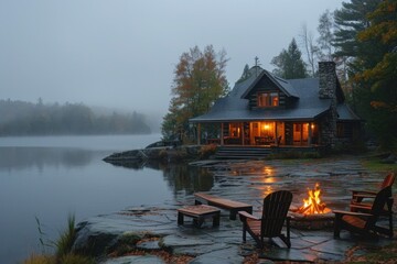 Lake in the morning fog with wooden house and chairs on the shore
